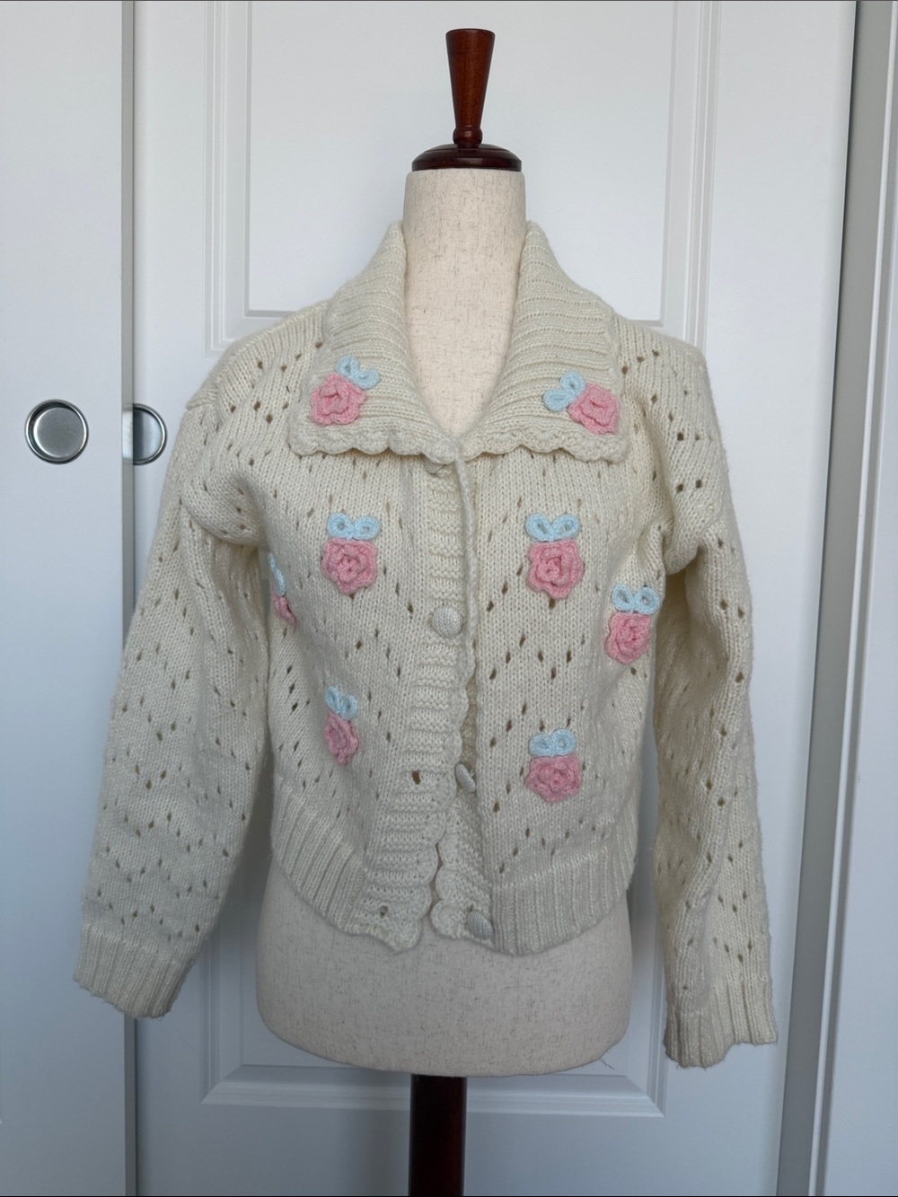 Ivory Knit Cardigan Sweater with Pink Rose Appliqués